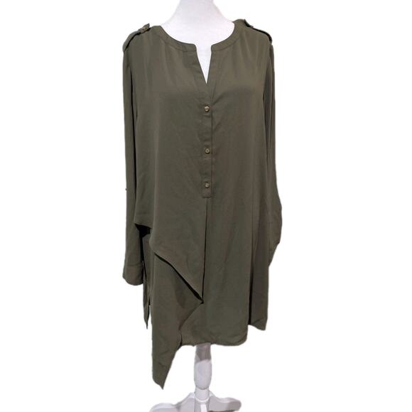 Chico's Tops - Chico's Size 3 XL Tunic Asymmetrical Hem Roll tab Sleeve 1/4 Button Shirt Modern